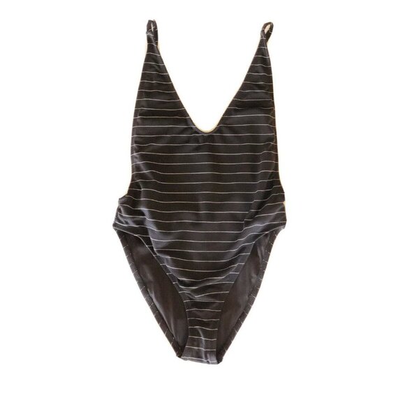 Nasty Gal Womens Black Striped Low Back V-Neck What's Line Yours Swimsuit Size S - Picture 2 of 10